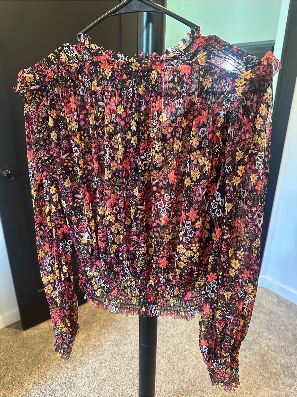 Free People Black Floral Smocked Long-Sleeve Blouse with Pink & Yellow Flowers